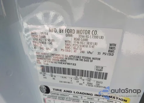 2014 Ford F-150 Lariat z USA, uszkodzony, nr VIN 1FTFW1ET0EKF80122